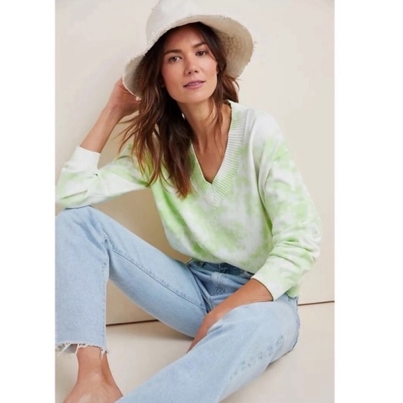 Anthropologie Lira Tie Dye V Neck Sweater Green Sz Large Boho Oversized Cropped - Picture 2 of 10